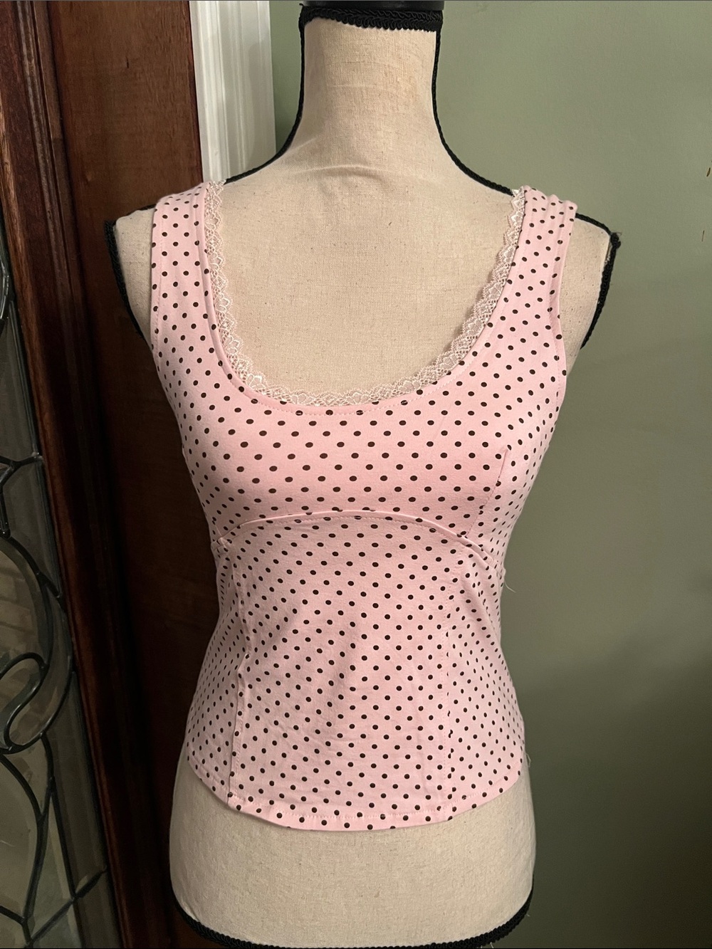 Kittenish Pink Polka Dot Lace-Trim Camisole